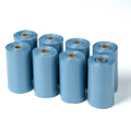 Eight rolls of blue plastic sheeting on a white background