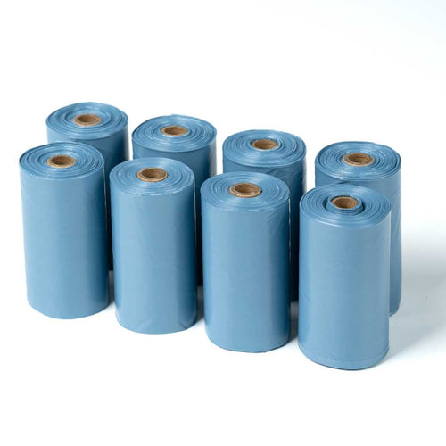 Eight rolls of blue plastic sheeting on a white background