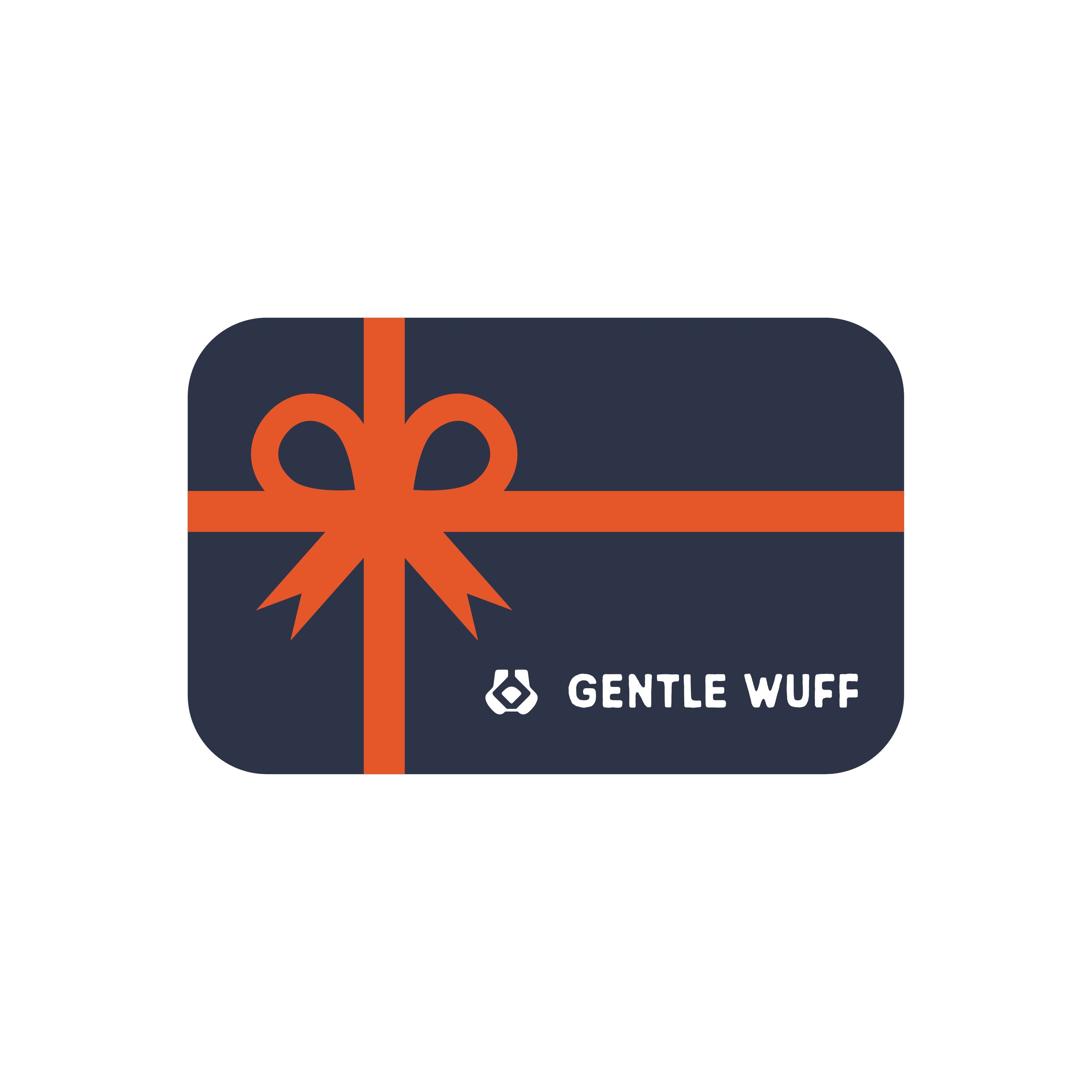 Gentle Wuff gift card with orange bow on a blue background