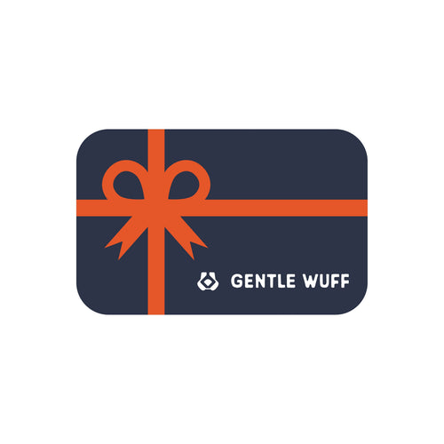 Gentle Wuff gift card with orange bow on a blue background