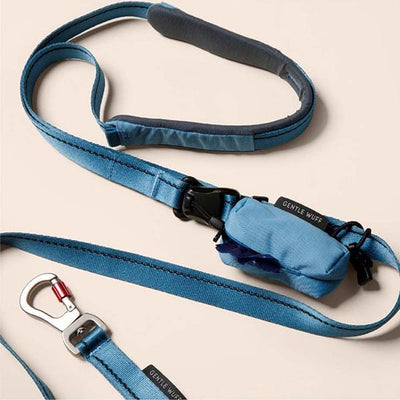 Blue dog leash with handle and pouch on a beige background